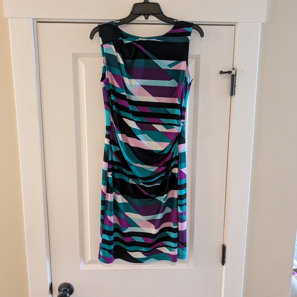 Calvin Klein Blue/Purple/Black Geometric Striped Sleeveless Dress, Size S